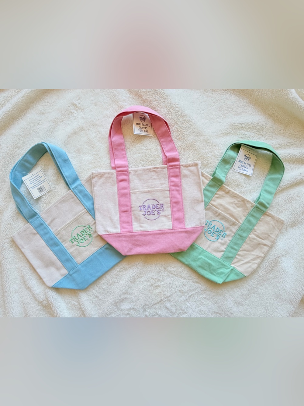 Trader Joe's Pastel Canvas Tote Bag - Set of 3 - Blue, Pink, Mint